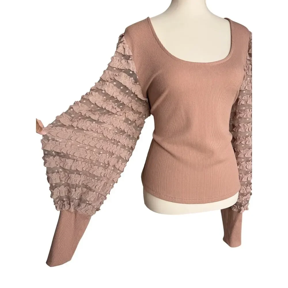 Anthropologie Dolan Left Coast Dusty Rose Ruffle Puff Sleeve Top Size XL
